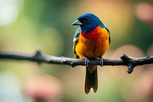 a colorful bird sits on a branch. AI-Generated photo