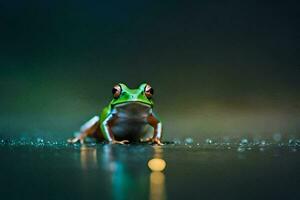 a frog sitting on the ground with water droplets. AI-Generated photo