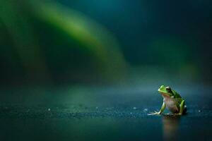 un rana sentado en el suelo en el lluvia. generado por ai foto