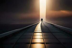 a man walks down a long bridge into the light. AI-Generated photo