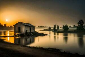 un pequeño casa se sienta en el apuntalar de un lago a amanecer. generado por ai foto