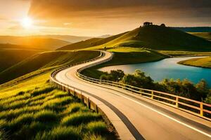 un devanado la carretera en el montañas con un puesta de sol. generado por ai foto