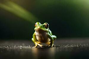 a frog sitting on a black surface with a blurry background. AI-Generated photo