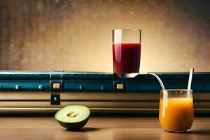 two glasses of juice and a fruit on a table. AI-Generated photo