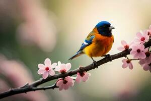 a colorful bird sits on a branch with pink flowers. AI-Generated photo