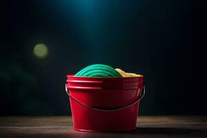 a red bucket with a green cookie in it. AI-Generated photo
