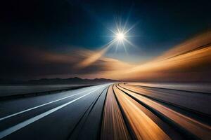 un largo exposición fotografía de un autopista a noche. generado por ai foto