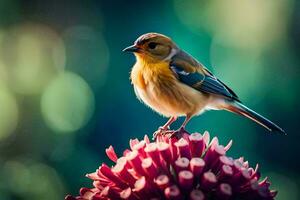 a bird is perched on top of a flower. AI-Generated photo