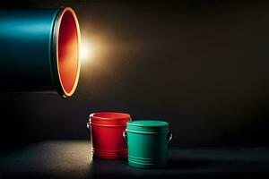 two colorful buckets on a dark background. AI-Generated photo