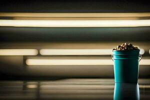 a blue bucket of popcorn sitting on a table. AI-Generated photo