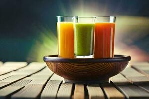 three glasses of juice on a wooden table. AI-Generated photo