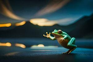 a frog standing on its hind legs in front of a lake. AI-Generated photo