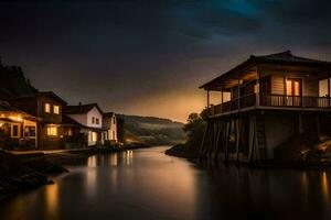 un río en el medio de un pueblo a noche. generado por ai foto