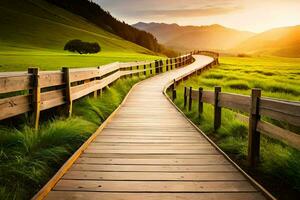 a wooden pathway leads to a green field. AI-Generated photo