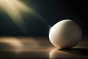 an egg on a table with sunlight shining through it. AI-Generated photo