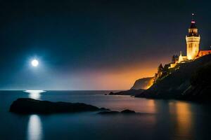 un de luna noche ver de un faro y un cuerpo de agua. generado por ai foto