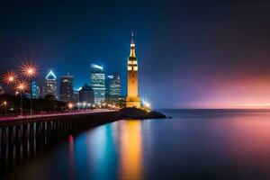 un ciudad horizonte a noche con un reloj torre en el primer plano. generado por ai foto