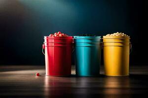three buckets of popcorn on a wooden table. AI-Generated photo