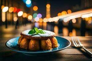 a dessert on a plate with a fork and knife. AI-Generated photo