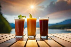 Tres lentes de jugo en un de madera mesa. generado por ai foto