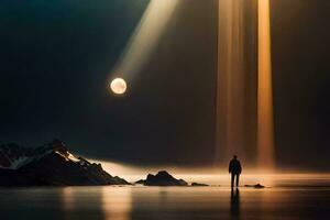 un hombre en pie en el apuntalar de un lago con el Dom brillante mediante el vigas de ligero. generado por ai foto