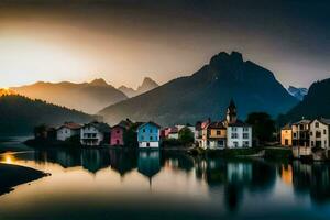 foto fondo de pantalla el cielo, montañas, lago, casas, montañas, el sol, el montañas,. generado por ai