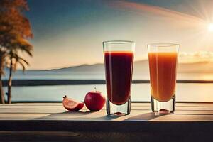 two glasses of juice on a table with the sun setting behind them. AI-Generated photo