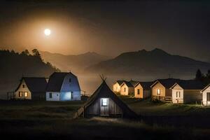 a full moon shines over a small village at night. AI-Generated photo