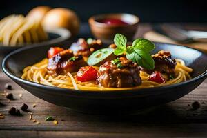 spaghetti with meatballs and tomatoes in a bowl. AI-Generated photo