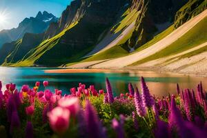 beautiful flowers in the mountains by a lake. AI-Generated photo