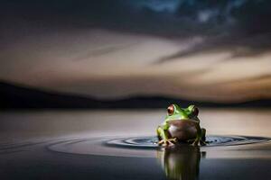 a frog sitting on top of a water rippling surface. AI-Generated photo