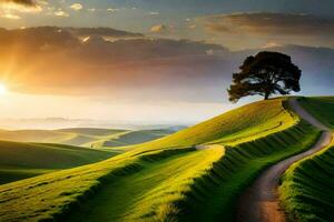 the sun rises over the rolling hills of the new zealand countryside. AI-Generated photo