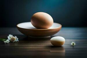 dos huevos sentar en un de madera mesa siguiente a un cuenco de blanco flores generado por ai foto