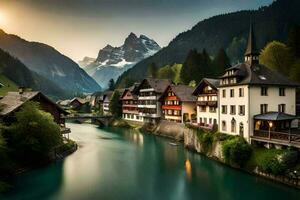 photo wallpaper the sky, mountains, river, houses, switzerland, the sun, the mountains. AI-Generated