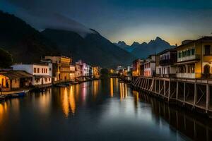 a river in the mountains at night with houses and boats. AI-Generated photo