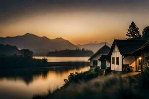 a house sits on the shore of a lake at sunset. AI-Generated photo