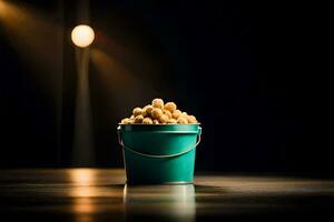 a bucket filled with peanuts on a table. AI-Generated photo