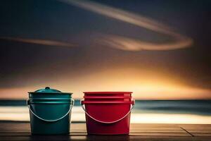 two buckets sit on a wooden table with a sunset in the background. AI-Generated photo