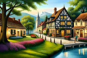 a painting of a village with houses and a river. AI-Generated photo
