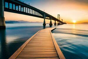 a wooden bridge over the ocean at sunset. AI-Generated photo