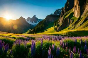 the sun rises over the mountains and the lupine flowers. AI-Generated photo