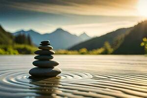 a stack of stones in the water with mountains in the background. AI-Generated photo