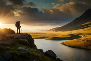 un hombre soportes en un acantilado con vista a un lago a puesta de sol. generado por ai foto