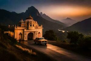 a car drives past a temple at sunset in india. AI-Generated photo