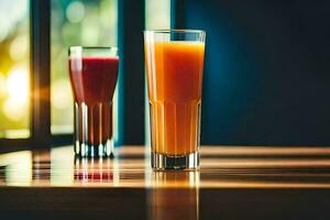 two glasses of orange juice on a table. AI-Generated photo