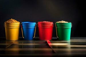 four buckets of different colors on a table. AI-Generated photo