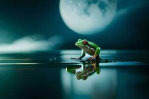 a frog sitting on the water with a full moon in the background. AI-Generated photo