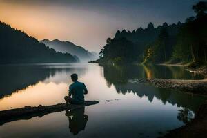 un hombre se sienta en un Iniciar sesión en frente de un lago a puesta de sol. generado por ai foto