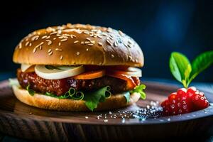 a hamburger with meat, lettuce and tomato on a wooden plate. AI-Generated photo