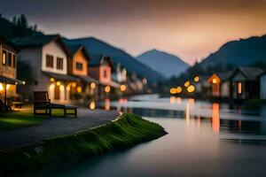 a river in the mountains at dusk with houses along the water. AI-Generated photo